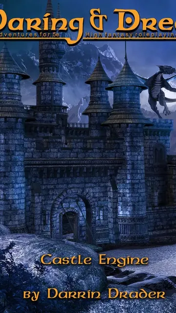 Dark fantasy castle with arched entryway, stone walls, and battlements. A dragon perched on the right tower. Text reads: "Castle Engine by Darrin Drader."