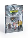 A hardcover book titled "Star Trek Adventures: The Roleplaying Game Species Sourcebook" is prominently displayed, featuring a colorful cover illustration. The scene depicts a diverse group of characters, including various alien species and Starfleet officers, gathered in a futuristic setting resembling a starship interior. The background showcases sleek technology and a large circular device, emphasizing the sci-fi theme of the Star Trek universe.