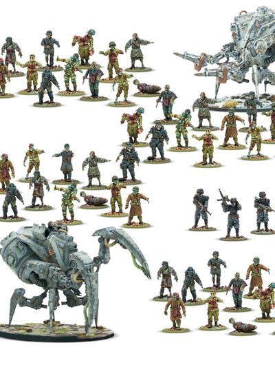 A collection of miniatures from Warlord Games' Konflikt ’47 is displayed, featuring various figures including soldiers, zombies, and mechanical creatures. Prominently featured is the book titled "Konflikt ’47: Festung Europa," which showcases a green silhouette on its cover. Among the miniatures, a notable figure in powered armor and a mechanical creature stand out, highlighting the game's unique blend of historical and fantastical elements.