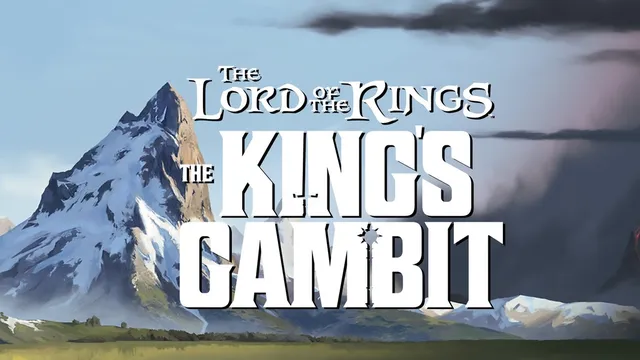 The image features the title "The Lord of the Rings: The King's Gambit" prominently displayed against a backdrop of a majestic mountain landscape. The mountain, with its snow-capped peak, is set against a clear blue sky, creating a sense of adventure and grandeur. The title is styled in bold, white letters, emphasizing the epic nature of the game.