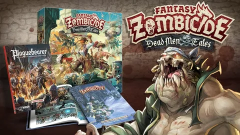 A vibrant display features the "Fantasy Zombicide: Dead Men Tales" box set prominently, showcasing colorful artwork of pirate characters engaged in action. Next to the box, a hardcover book titled "Plaguebearer" and a graphic novel are visible, both adorned with detailed illustrations. In the foreground, a large, menacing zombie character with a bandana and tattered clothing adds a dramatic touch to the scene, emphasizing the game's adventurous and fantastical theme.