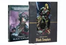 Two codex books for the Black Templars are displayed side by side. The left book features a colorful cover with a dynamic illustration of a Black Templar warrior, showcasing their iconic black armor and red accents, along with the title "WARHAMMER 40,000 BLACK TEMPLARS." The right book has a more subdued, dark cover with a striking image of Black Templar characters in action, prominently displaying the title "CODEX SUPPLEMENT Black Templars." Both books are designed for tabletop gaming enthusiasts, providing rules and lore for the Black Templars faction.