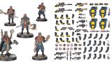 A detailed assortment of miniature components for tabletop gaming, featuring various weapons, arms, and heads designed for use in the Necromunda setting. The items include rifles, pistols, grenades, and melee weapons, alongside mechanical parts and accessories. The color scheme predominantly features black with yellow and green accents, showcasing a mix of futuristic and industrial designs suitable for character customization.