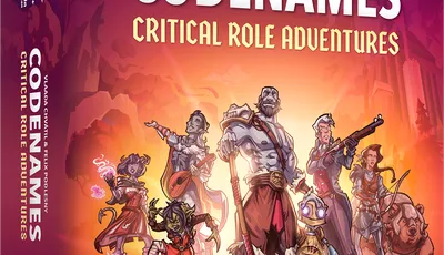 The box cover for "Codenames: Critical Role Adventures" features a vibrant illustration of several iconic characters from the Critical Role universe. In the foreground, a diverse group of adventurers is depicted, including a large, muscular character wielding a weapon, a spellcaster with glowing hands, and a character holding a lute. The background showcases a colorful sunset with silhouettes of trees and mountains, while the title "Codenames: Critical Role Adventures" is prominently displayed at the top in bold, stylized lettering.