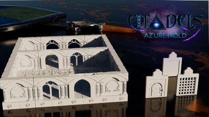 A set of modular dungeon tiles is displayed, featuring intricately designed pieces in a non-PVC material, showcasing a combination of walls and structures. The tiles include a larger piece with arched doorways and decorative elements, alongside smaller components such as a door and various wall sections. The background features the text "CITADELS AZURE HOLD," set against a dark, atmospheric backdrop.