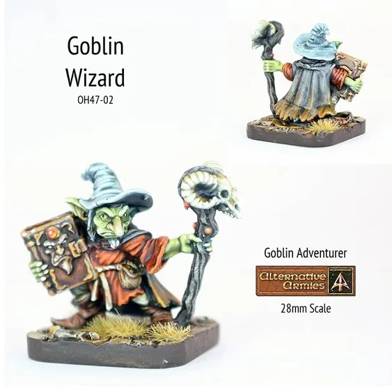 A detailed miniature of a Goblin Wizard stands prominently, showcasing vibrant colors and intricate features. The wizard wears a blue pointed hat and a flowing dark cloak, holding a staff topped with a skull in one hand and a spellbook in the other. The base is adorned with tufts of grass, emphasizing the 28mm scale of this character from the Goblin Adventurers range by Alternative Armies.