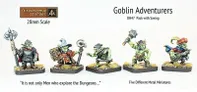 A set of five 28mm scale metal miniatures titled "Goblin Adventurers" features a diverse group of goblins ready for adventure. The characters include a Paladin wielding a shield and sword, a Wizard with a staff, a Thief holding a dagger, a Barbarian with an axe, and a Bard strumming a lute, all displayed on a grassy base. The text highlights that "It is not only Men who explore the Dungeons..." emphasizing the unique theme of this miniature range.