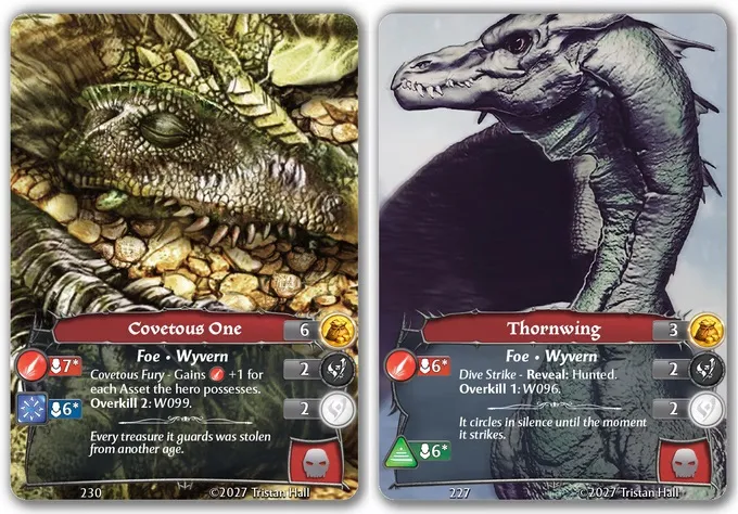 Two Wyvern Moor game cards: Covetous One and Thornwing, with dragon illustrations.