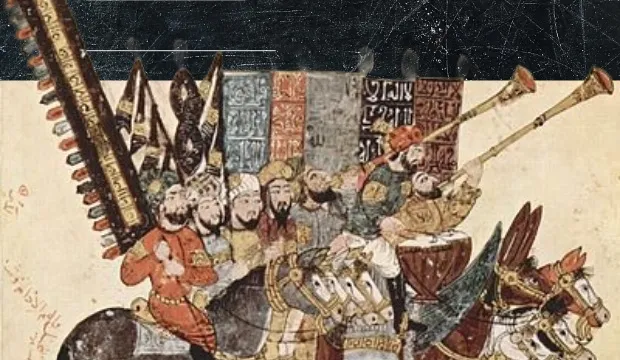 A medieval-style illustration of a group of people on horseback, some holding musical instruments including a large golden harp, a trumpet, and a drum. They are dressed in colorful, ornate clothing and armor. The background features a patterned wall with geometric designs. Above the illustration, the text "The Crowd & The Court" is displayed in a large, white, gothic font on a dark background.