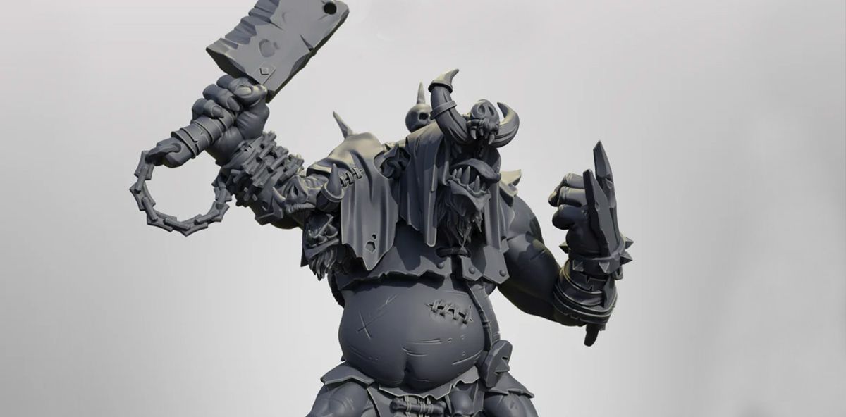 A large, muscular pig-like character stands prominently, wielding a hefty weapon in one hand and gesturing with the other. The figure is adorned with tattered clothing and various accessories, including skulls and spikes, emphasizing a fierce and rugged appearance. The model is presented in a gray, unpainted finish, showcasing intricate details such as stitches on the belly and a menacing expression.
