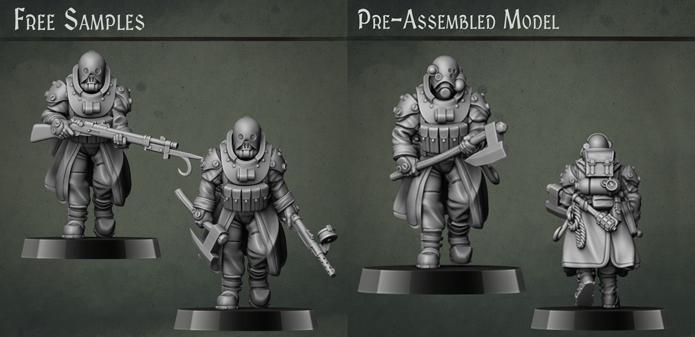 Two grimdark trooper miniatures are displayed on black bases against a textured dark green background. The left figure holds a rifle and wears a bulky, armored coat with a gas mask, while the right figure is equipped with an axe and a firearm, showcasing a similar armored design. Both miniatures feature intricate details, emphasizing their trench-themed aesthetic suitable for dystopian sci-fi settings.