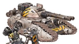 A detailed image features a large, imposing Fellblade super-heavy tank, showcasing a metallic finish with yellow hazard stripes on its turret. Flanking the tank are two MkII Assault Marines, one wielding an axe and the other holding a bolter, both adorned in similar black and yellow armor. The base of the miniatures is textured, enhancing the overall presentation of this Warhammer 40,000 scene.