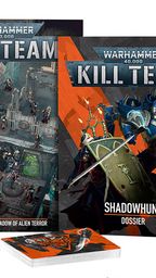 The image features the new "Kill Team: Shadowhunt" set, prominently displaying two rulebooks titled "SHADOWHUNT" and "SHADOWHUNT DOSSIER." The covers showcase dynamic artwork, including a battle scene with miniatures and characters from the Adepta Sororitas and Chaos Space factions. In the foreground, several datacards are visible, featuring vibrant orange and black designs, alongside a textured game board with various symbols and numbers.