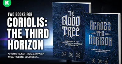 Two books: "Coriolis: The Third Horizon" and "The Blood Tree" with circuit-like cover art.