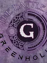 A circular logo features the text "THE BATTLE FOR GREENHOLLOW" prominently displayed around a central letter "G." The design incorporates intricate, swirling patterns and a dark background, creating a mystical and engaging aesthetic. The overall color scheme includes shades of purple and black, enhancing the theme of a fantasy wargaming event.