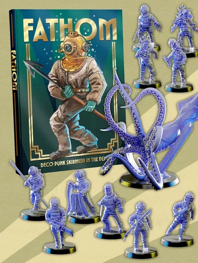 Fathom game box, diver in suit, octopus model, and miniatures.