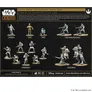 A collection of Star Wars: Legion miniatures is displayed, featuring characters and units from the Echo Base Defenders Army Box. Prominent figures include Leia Organa, C-3PO, R2-D2, and two Mark II Medium Blaster Troopers, alongside 20 Rebel Veterans and Tauntaun Riders. The miniatures are set against a dark background, highlighting their detailed sculpts and winter-themed attire, suitable for the icy environment of Hoth.