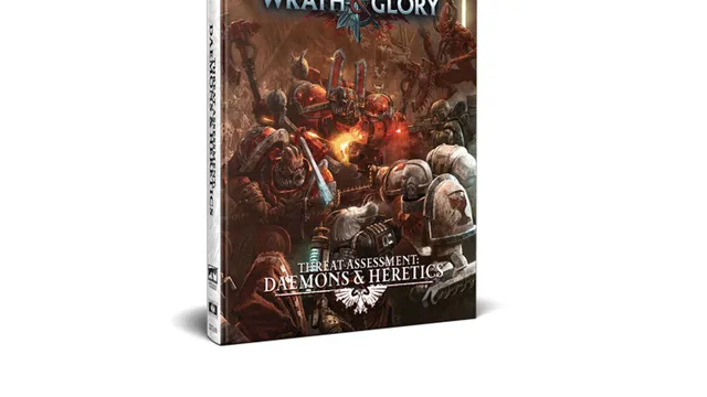 A physical edition of "Warhammer 40,000: Wrath & Glory, Threat Assessment: Daemons & Heretics" is displayed, featuring a striking cover illustration. The artwork depicts various Chaos forces, including armored figures and menacing creatures, set against a dark, chaotic background. The title is prominently featured at the top, with the subtitle "Threat Assessment: Daemons & Heretics" displayed at the bottom, emphasizing the book's focus on the forces of Chaos in the Warhammer 40,000 universe.