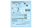 A transfer sheet featuring a variety of Ultramarines decals, set against a light blue background. The sheet includes campaign badges, veterancy markings, and multiple variants of the Ultramarines Chapter icon, along with symbols like skulls, wings, and laurels. Decorative borders and trim decals are also present, providing options for customizing models with additional flair.
