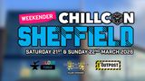 A vibrant promotional graphic for CHILLCON, a family-friendly tabletop gaming convention in Sheffield. The text prominently features "WEEKENDER CHILLCON SHEFFIELD" in bold, blue letters, with the dates "SATURDAY 21st & SUNDAY 22nd MARCH 2026" below. Logos of major sponsors, including Colour Forge and The Lion's Tower Print Paint Play, are displayed at the bottom, enhancing the event's appeal.