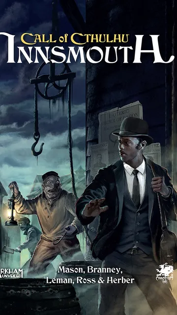 Man in suit and hat, zombie-like figure with lantern, dark street, "Call of Cthulhu Innsmouth" text.