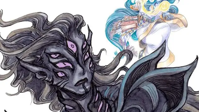 "AT THE GATES" text above a dark figure with multiple eyes and a blue-haired figure holding a book.