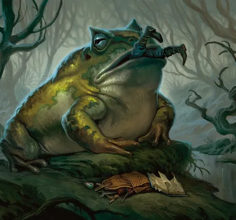 A large, armored frog-like creature with sharp claws and a spiked tail sits on mossy rocks. Its headgear resembles a mix of armor and a crown. Nearby, a dead insect lies on the ground. The background shows twisted, gnarled trees and vines in a dark, misty forest.