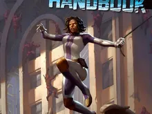 A superhero in a blue and purple bodysuit with a cape stands on a rooftop, holding a sword. Below, a large dark creature with horns and wings attacks a person in a red jacket. The background shows a dimly lit, rainy urban setting with a building facade.