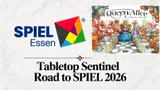 "Queen Alice" comic cover with chess-themed characters at a banquet, colorful logo, and text "Tabletop Sentinel Road to SPIEL 2026"