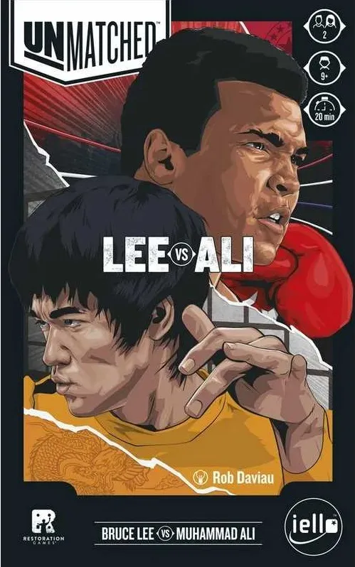 The cover art features a dynamic illustration of Bruce Lee and Muhammad Ali, positioned prominently on either side. Bruce Lee, depicted in a yellow shirt, has a focused expression, while Muhammad Ali, in a red boxing outfit, displays a confident stance. The title "LEE vs ALI" is boldly displayed between them, with the Unmatched logo and additional game details in the corners.