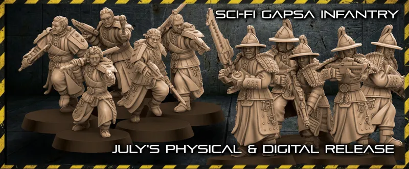 Five miniatures in futuristic Korean-inspired armor holding rifles, text "SCI-FI GAPSA JULY'S PHYSICAL & DIGI"