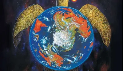 A giant golden turtle carrying a blue globe with continents, stars, and a red sun. Text: "Discworld Adventures in Ankh-Morpork".