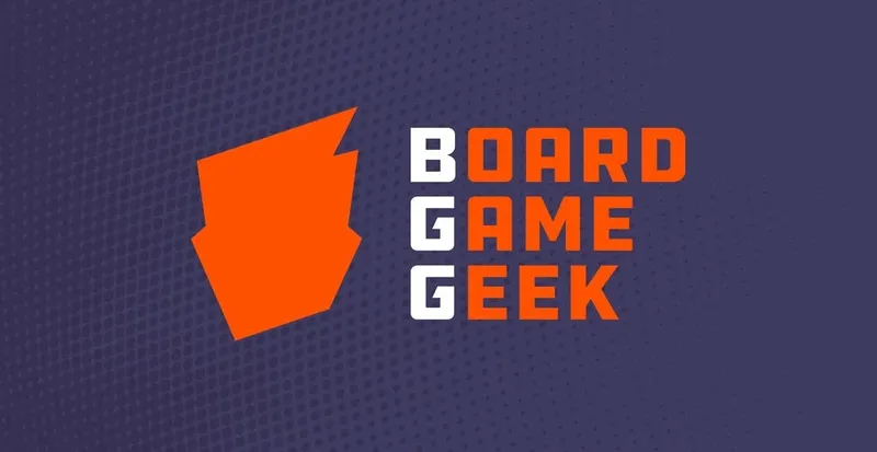 A bold logo for BoardGameGeek features the name in a modern font, with "BOARD" and "GEEK" in white and "GAME" in orange, set against a textured dark purple background. The design includes a stylized orange shape resembling a game piece or shield, positioned to the left of the text. The overall look is vibrant and eye-catching, reflecting the gaming community's dynamic nature.