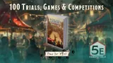 A book titled "100 Trials, Games & Competitions" is prominently displayed in the foreground, featuring a colorful cover illustration depicting a lively competition scene with numerous spectators. The background shows a festive atmosphere with blurred figures and decorations, suggesting a vibrant event. The title and the publisher's name, "Paws for Effect," are artistically integrated into the design, enhancing the overall theme of games and challenges.