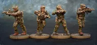 Three detailed miniature figures of soldiers are displayed, each standing on a circular base with a textured surface resembling dirt. The figures are dressed in tactical gear with camouflage patterns, holding various firearms. The soldier on the left is aiming a rifle, the central figure is preparing to fire, and the soldier on the right is also holding a weapon, showcasing a variety of poses and expressions that convey action and readiness.
