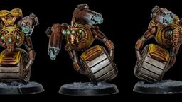 A detailed miniature of a robotic character features a round body with a metallic, silver barrel-like base and a prominent, circular golden core. It has two mechanical arms, one equipped with a green-tipped weapon and the other with a series of intricate gears and glowing green eyes. The figure stands on a textured black base, showcasing a weathered, industrial aesthetic with hints of rust and wear.