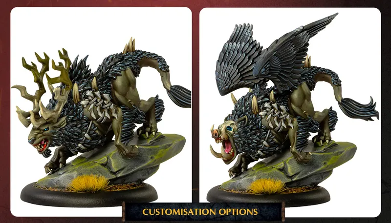 A detailed miniature showcases a fierce warbeast with a muscular, spiked body and a mix of animal features, including a boar-like head and large, feathered wings. The creature stands on a rocky base adorned with tufts of grass, emphasizing its dynamic pose. Below the image, the text "CUSTOMISATION OPTIONS" highlights the ability to modify the miniature, suggesting various head options for personalization.