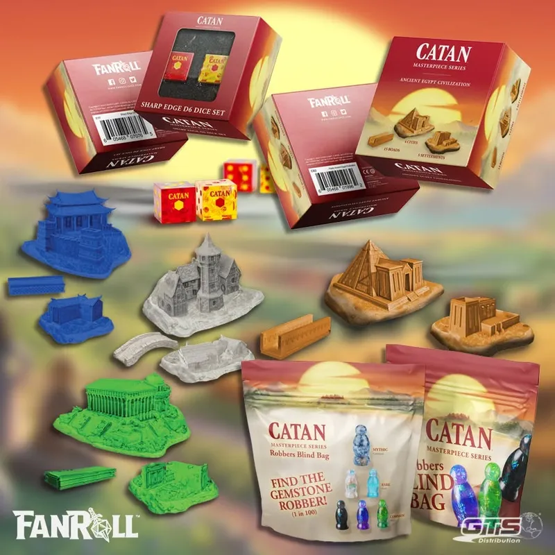 Catan game boxes, dice, and miniatures in Egypt, China, Greece, Germany styles.