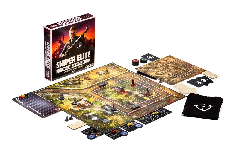 Sniper Elite Operation Kraken board game with box, maps, tokens, and miniatures.