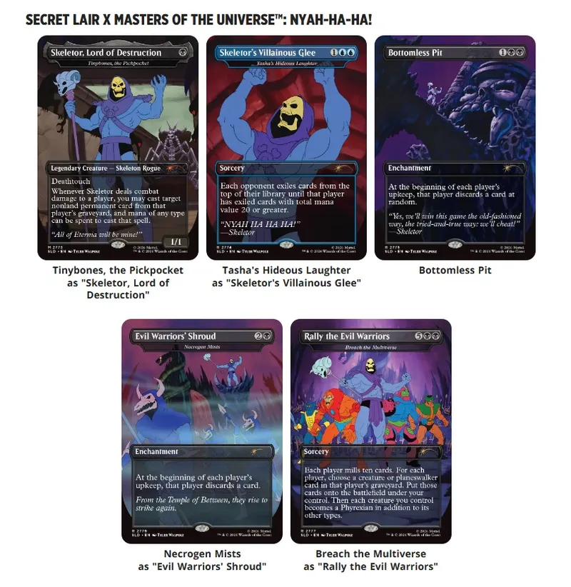Five Magic: The Gathering cards featuring Skeletor and other characters.