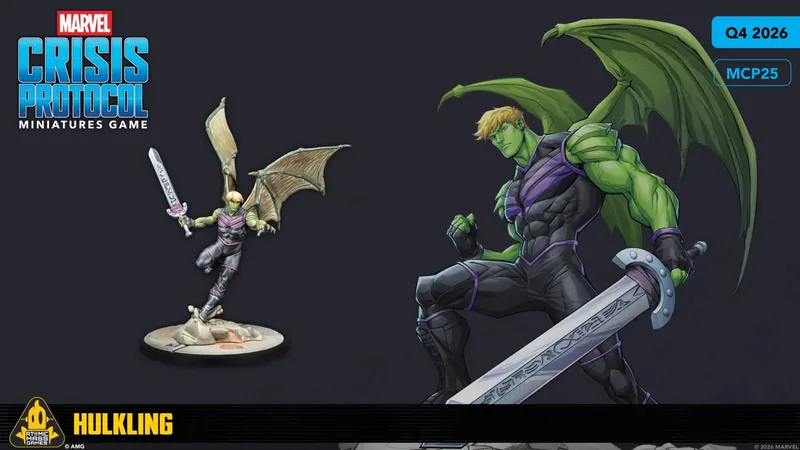 A miniature figure of Hulkling from the Marvel: Crisis Protocol Miniatures Game is depicted, showcasing him in a dynamic pose with outstretched wings and a sword raised high. He wears a green and purple costume, with a distinctive helmet and a determined expression. The base of the figure features a rocky surface, adding to the overall action-oriented presentation. The logo for Marvel: Crisis Protocol is prominently displayed at the top, along with the Atomic Mass Games branding at the bottom.