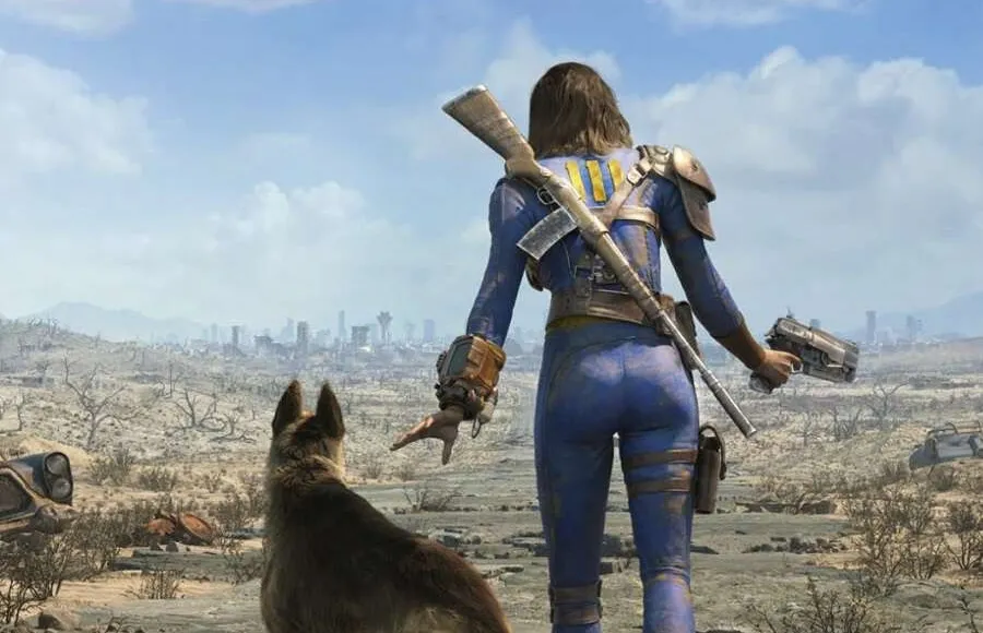 A lone vault dweller stands with their back to the viewer, gazing out over a desolate wasteland, accompanied by a dog. The character is dressed in a blue jumpsuit with a yellow stripe, equipped with a rifle slung across their back and a pistol in hand. In the background, a ruined cityscape is visible under a cloudy sky, emphasizing the post-apocalyptic setting. The text "A SOLO ROLEPLAYING GAME" is prominently displayed at the bottom.