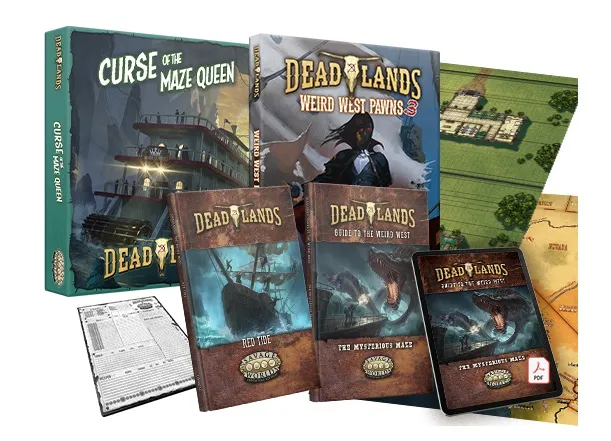 Deadlands books, maps, and a character sheet on a table.
