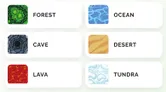 Three rows of game icons: top left "RAINFOREST" with green leaf pattern, top right "OCEAN" with blue wavy texture; middle left "CAVE" with brown striped pattern, middle right "DESERT" with orange sand texture; bottom left "LAVA" with red-orange molten rock pattern, bottom right "TUNDRA" with light