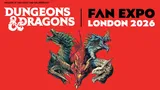 A striking graphic features a fierce, multi-headed dragon with vibrant colors, set against a bold red background. The text prominently displays "Dungeons & Dragons" at the top, followed by "FAN EXPO LONDON 2026" in large, bold letters. The design emphasizes the excitement of the upcoming event, highlighting the partnership between Wizards of the Coast and AEG Presents.