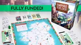 Board game box titled "Empire Builder: Ireland" featuring a green steam locomotive on a scenic landscape with mountains and a castle. Opened box reveals a map of Ireland with red and blue markers, small green cards, and a rulebook with icons.