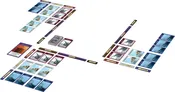 A tabletop setup for the card game "Diplomacy: The Golden Blade" features multiple player areas with various cards laid out. Each area includes cards representing military units and political actions, with distinct color schemes for different factions. A central deck of cards is visible, along with markers indicating player turns and actions, creating a strategic battlefield for negotiation and alliance-building.