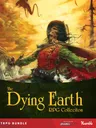 Skeletal figure in red coat and green cape, fiery sky, text "The Dying Earth"