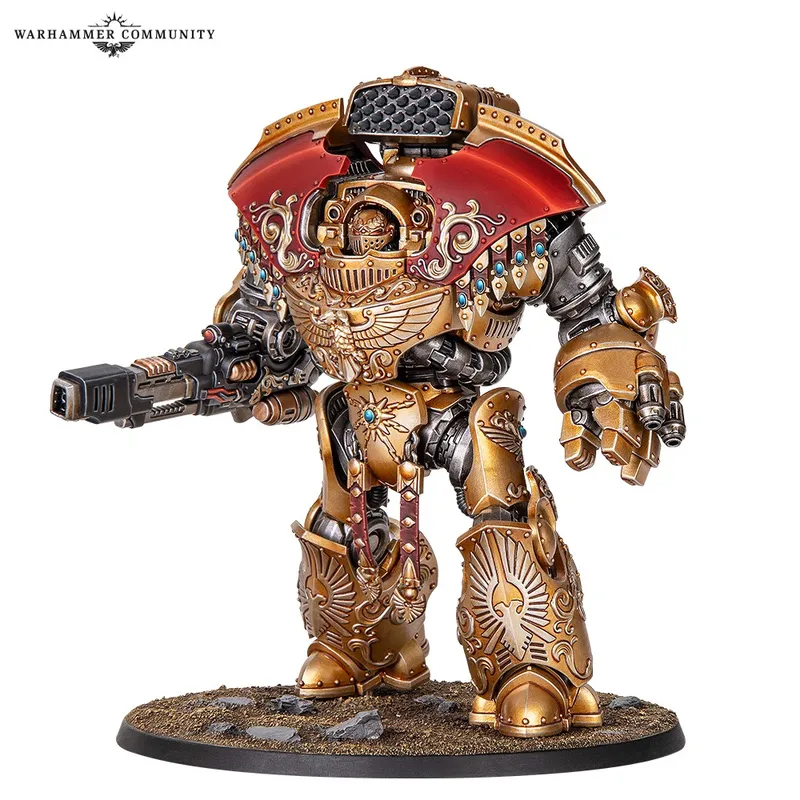 Golden armored robot with red cape, holding a large gun, on a circular base.