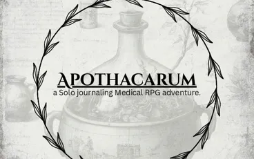 Black circular laurel wreath with text "APOTHACARUM a Solo journaling Medical RPG adventure."
